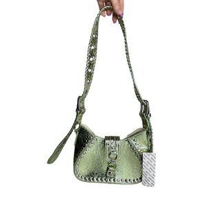 Urban Outfitters Metallic Green Faux Leather Studded Shoulder Bag With Adjustabl
